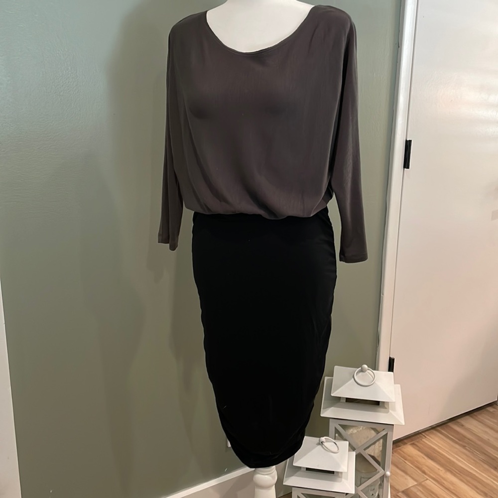 Alice & Olivia cocktail dress. Blousy top and fitted, gathered skirt.